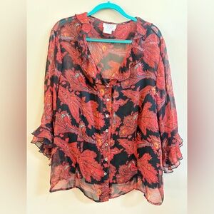 Tess Vintage 100% Silk Button Up Paisley Foliage Boho Pattern Blouse Shirt Top
